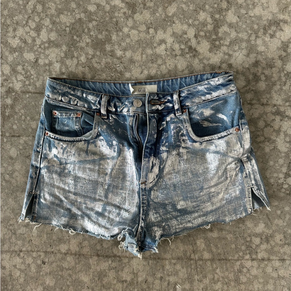 Topshop Blue Denim Shorts with Silver Foil